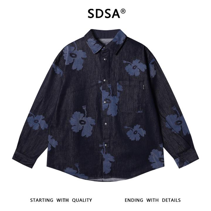 SDSA秋冬新款痞帅男装潮牌撞色花朵印花纽扣翻领长袖衬衫时尚衬衣