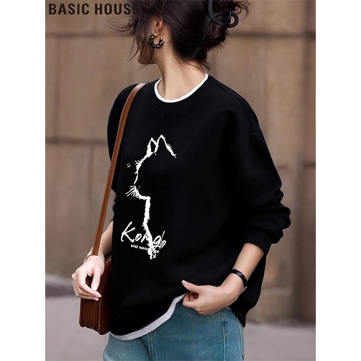 Basic House/百家好黑色假两件圆领卫衣印花宽松上衣女士2025冬季