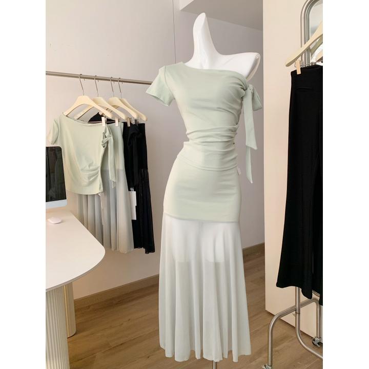 薄荷绿性感斜肩绑带网纱收腰鱼尾包臀裙2025夏季斜肩衣两件套江南