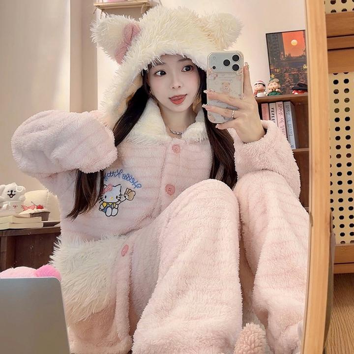 珊瑚绒毛毛粉条kitty睡衣女冬季长袖长裤甜美加绒加厚保暖家居服