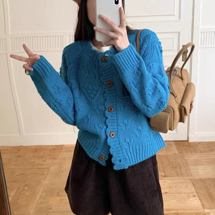 韩系复古钩花圆领花边毛衣女秋冬新款宽松慵懒风显瘦开衫双11好物