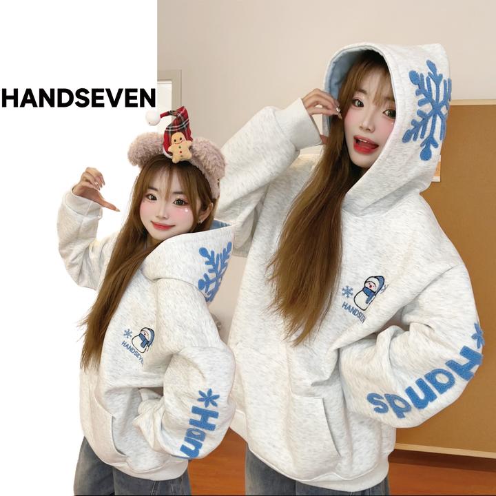 HandSeven美式圣诞雪花刺绣连帽卫衣秋冬小雪人重工刺绣保暖外套