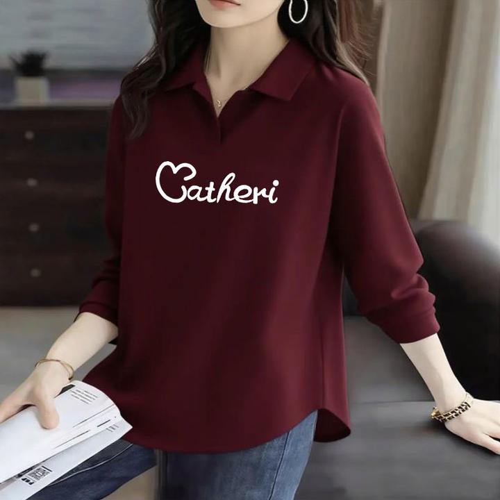 100%纯棉翻领春秋冬季印花2025新款打底衫女设计感POLO领长袖上衣