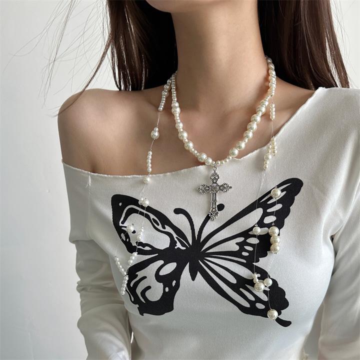 合金仿珍珠项链 X5921-1气质十字架流苏项链时尚百搭法式小众ins