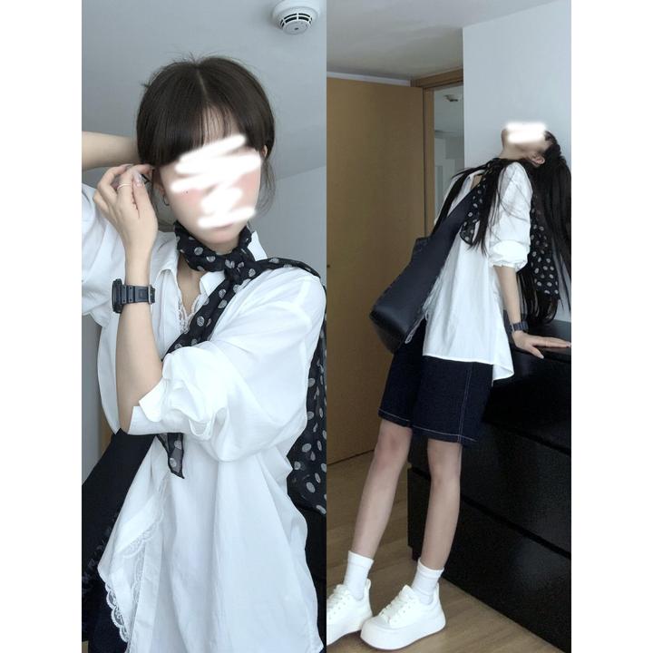 MARIE.COCO韩系复古纯色蕾丝拼接长袖衬衫女春夏季新款五分裤套装