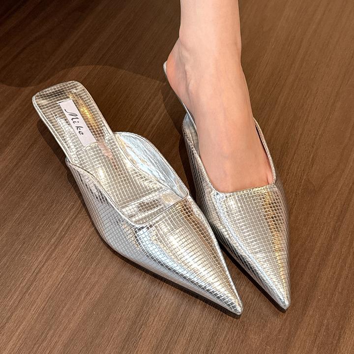 elingstudio 清冷时髦！银色尖头半拖鞋女夏季外穿2025低跟穆勒鞋