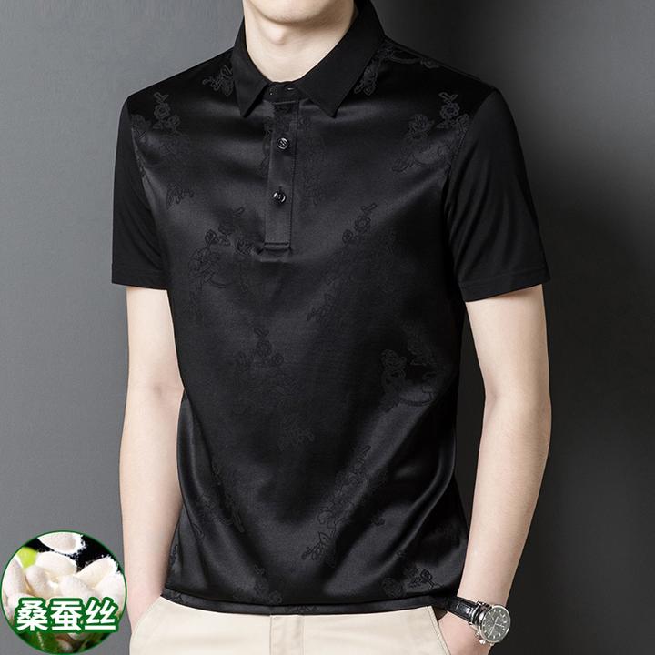 真丝92.6%桑蚕丝拼接短袖T恤男士中年夏装翻领短袖冰丝polo衫半袖
