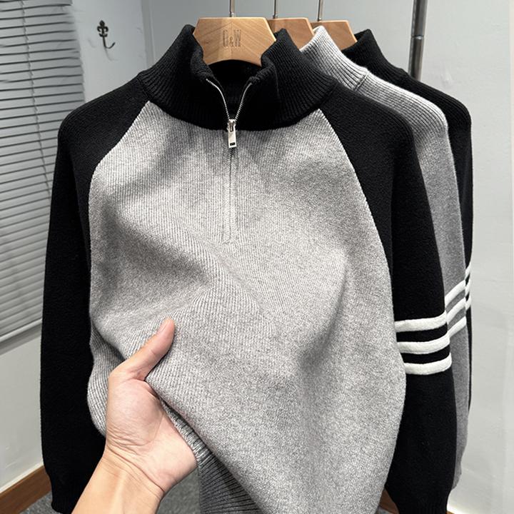 拼色插肩袖拉链半高领毛衣男冬季韩版宽松拼色针织外套运动休闲潮