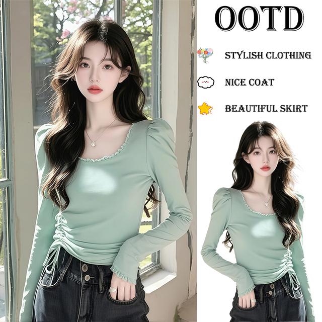 绿色打底衫春季2025年新款女装长袖t恤洋气独特别致抽绳短款上衣