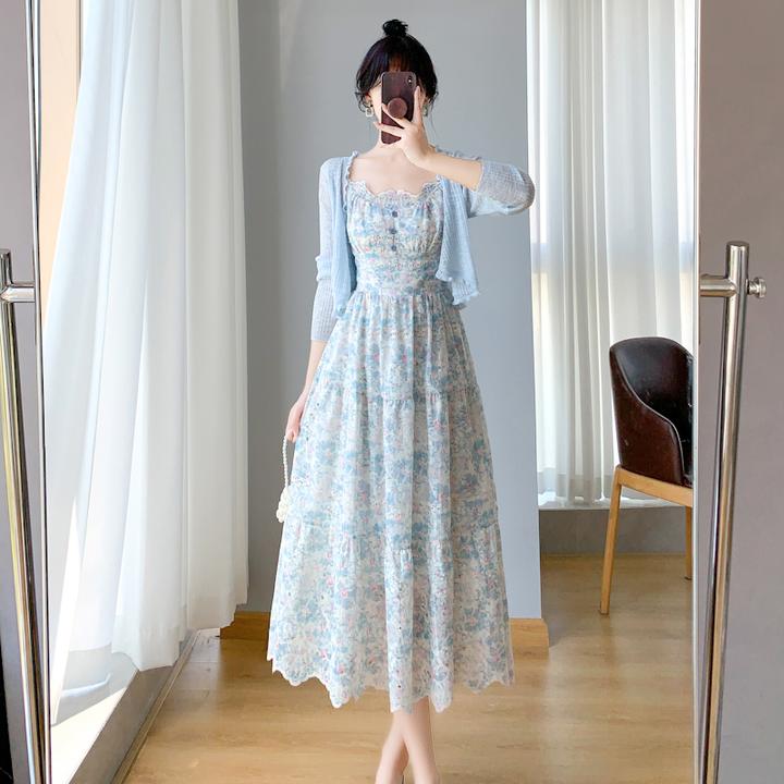 碎花吊带连衣裙女2025夏秋新款款法式气质收腰显瘦中长款仙女裙子