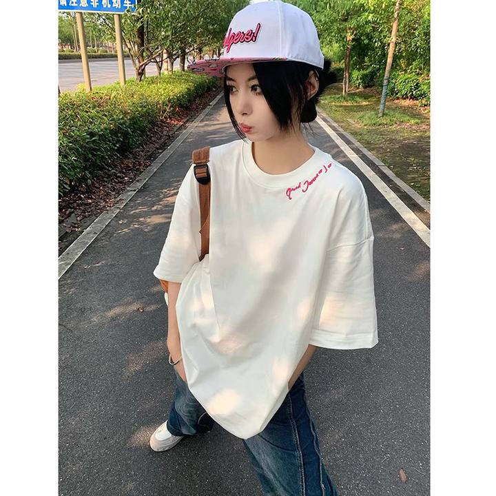 美式高街白色纯棉短袖T恤男女夏季oversize潮牌重磅情侣装半截袖