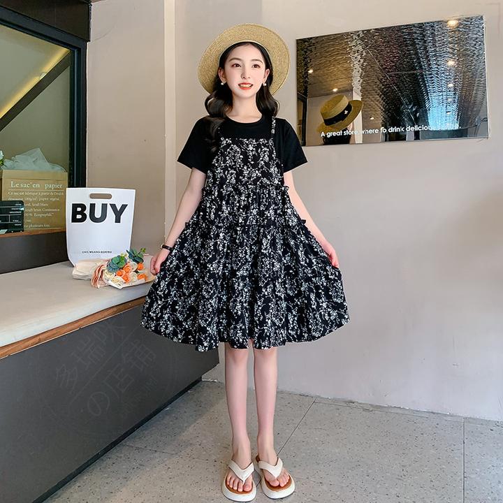 戴维贝拉【断码】女童夏装连衣裙假两件裙子夏款新款中大童雪纺碎花