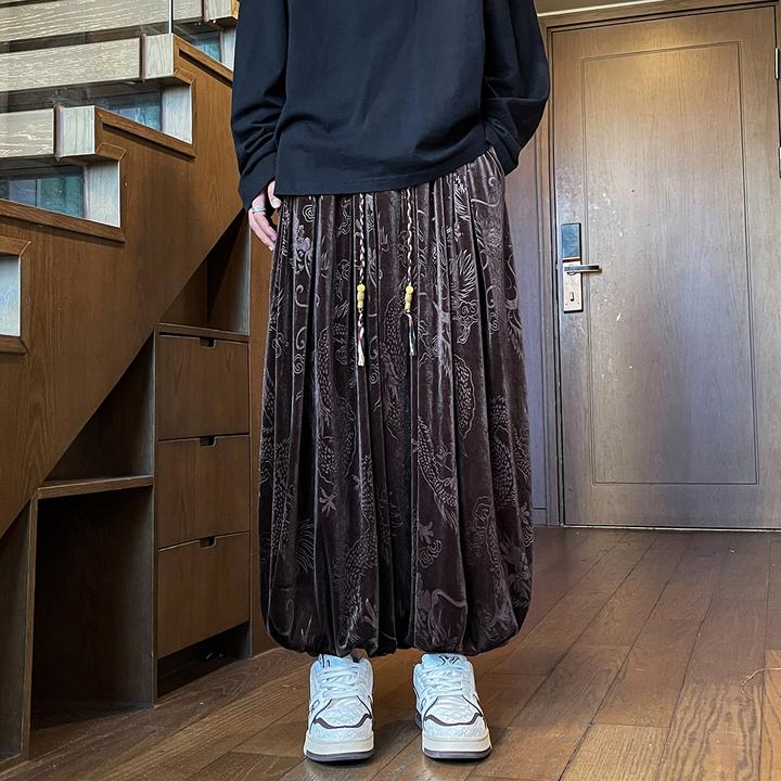 金丝绒男裤子大码肥佬阔腿灯笼裤新中式国风潮牌宽松慵懒风运动裤