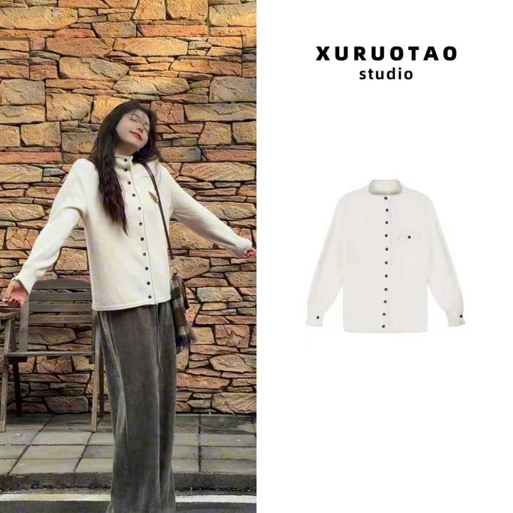 XURUOTAO【清雅淡颜】100羊毛毛针织设计感显瘦米白色上衣 T5850