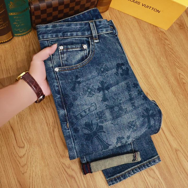 克罗心牛仔裤男款新款高端激光数码印花时尚潮流修身裤子男款爆款