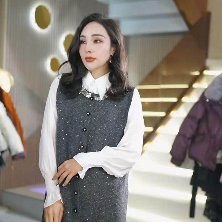 时尚百搭保暖无袖马甲背心裙衬衫上衣打底两件套毛衣W989987