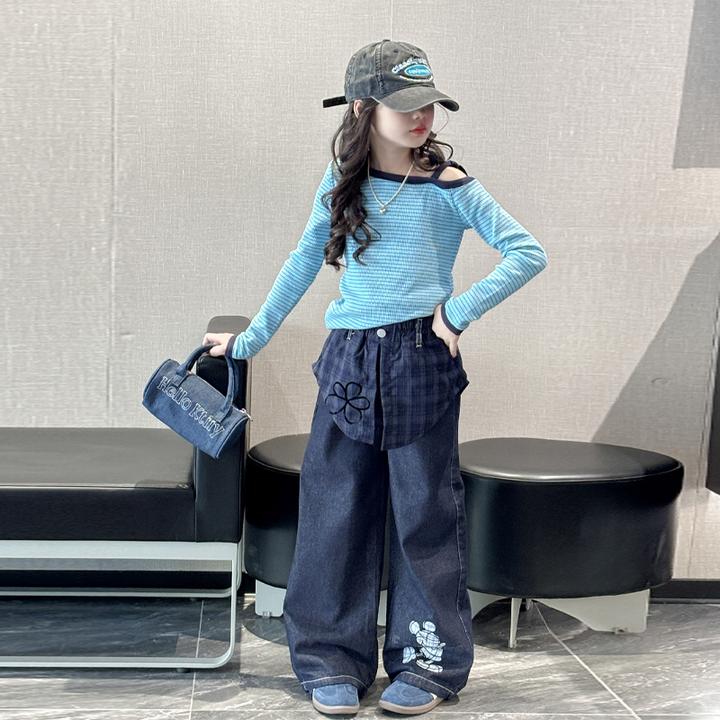 女童春秋套装2025新款女中大童秋装韩系休闲打底衫儿童阔腿牛仔裤