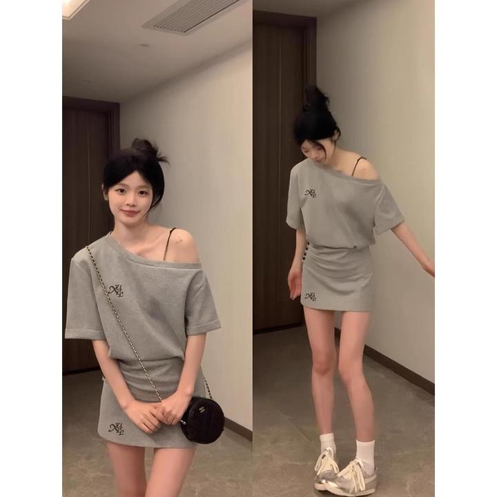 韩系慵懒风休闲运动套装女夏季设计感短款斜肩短袖显瘦短裙两件套