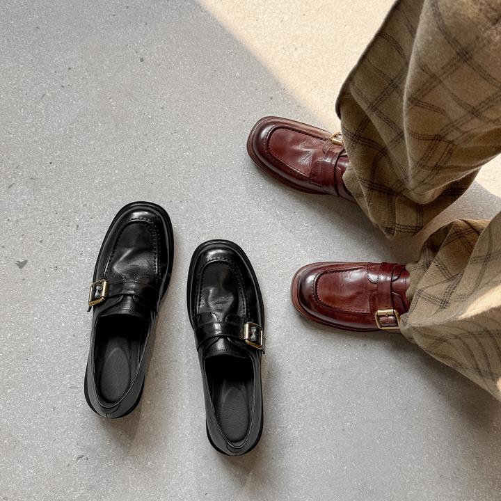 手工制作新款老钱风真皮乐福鞋女皮带扣英伦风小皮鞋舒适豆豆鞋