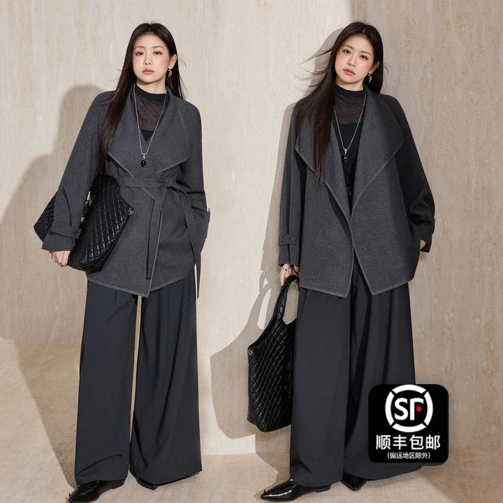 蓝语大码女装气质高端简约大翻领外套2025秋季手工三角针缝制上衣