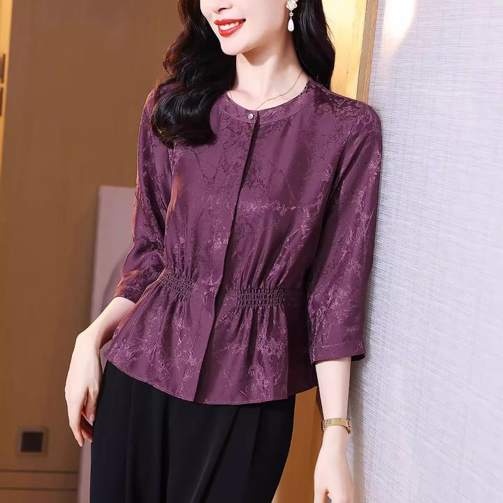 高端提花缎真丝衬衫女夏季圆领收腰显瘦七分袖气质正宗桑蚕丝上衣