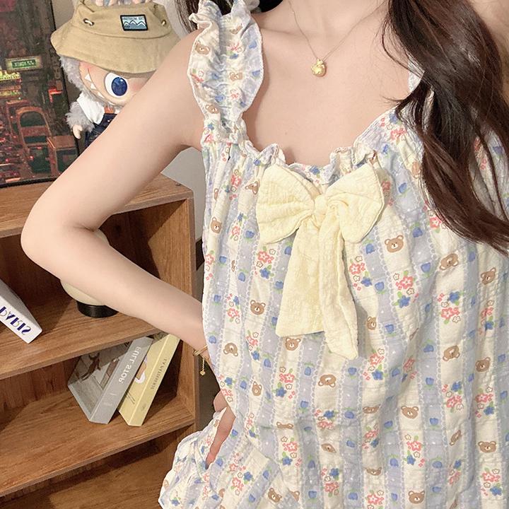 蓝纹小熊吊带睡衣女夏带胸垫短裤套装2025新款可爱韩系ins家居服