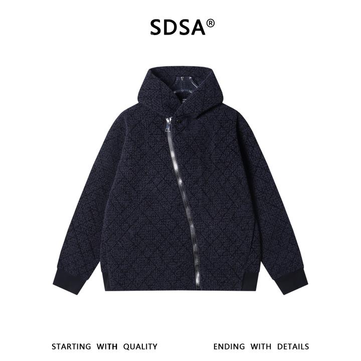 SDSA男士秋冬新款痞帅男装简约时尚格子斜拉链连帽卫衣百搭上衣