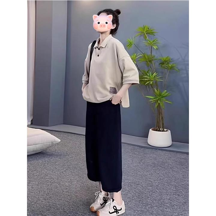 2025春季时尚气质小个子减龄穿搭显瘦宽松polo领短袖T恤裤子套装