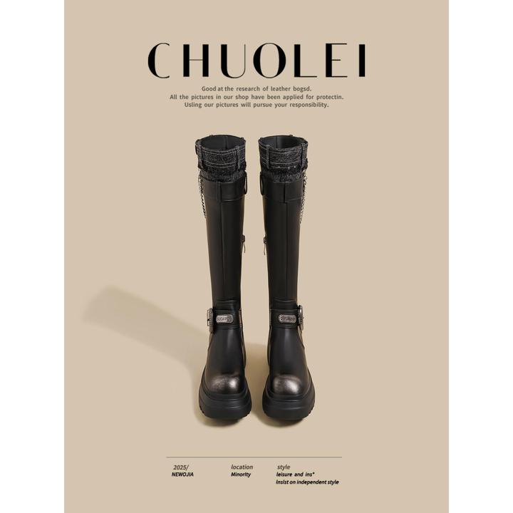 【CREW KNOW官方正品】2025秋冬季新款覆古风牛仔长靴女做旧擦黑色