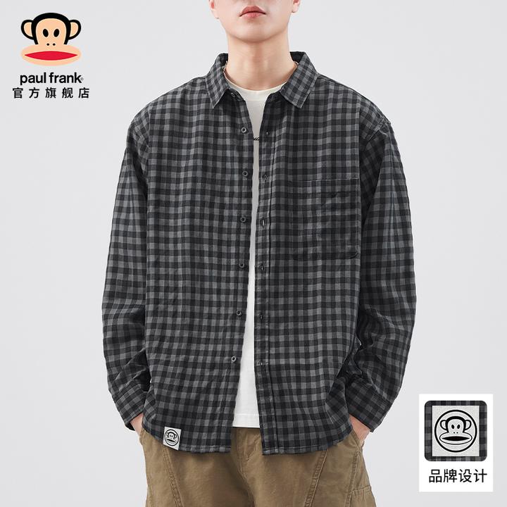 PaulFrank/大嘴猴复古格子衬衫男士秋冬新款宽松休闲翻领衬衣外套