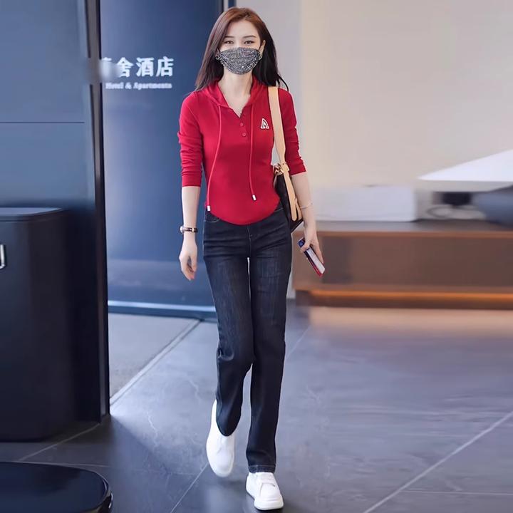 网红爆款时尚套装女2025春秋新款连帽上衣高腰牛仔裤休闲两件套潮