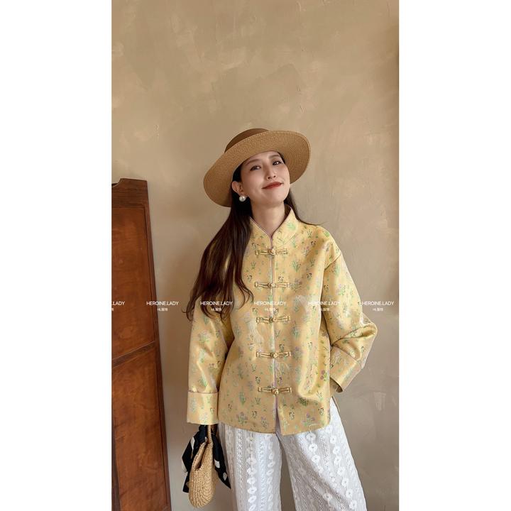 【以梦为马】HL新中式丝光刺绣盘扣碎花中式宽松外套短款多色百搭