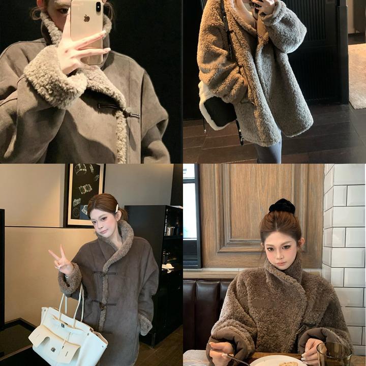 冬日诺丁山 双面穿仿羊羔毛麂皮牛角扣外套女皮毛一体上衣