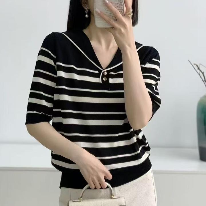 海军领～2025夏季莱赛尔天丝～新款针织衫女装～气质百搭显瘦减龄