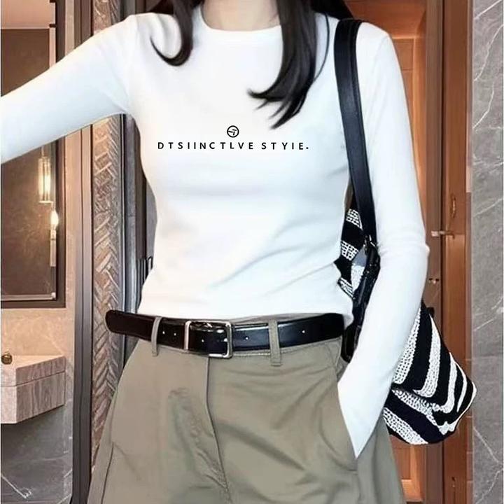 法式辣妹内搭洋气白色t恤女春秋新款棉质正肩圆领长袖打底衫上衣