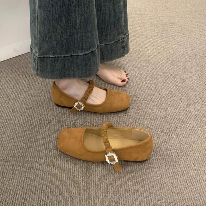 法式平底晚晚风温柔鞋一字扣带配裙子仙女鞋方头绒面芭蕾舞单鞋女