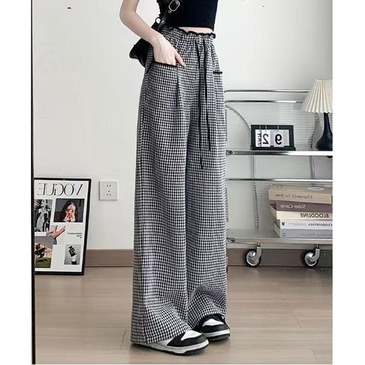 2025夏季时尚修身黑白格纹高腰显瘦阔腿裤女百搭垂感直筒裤女新款