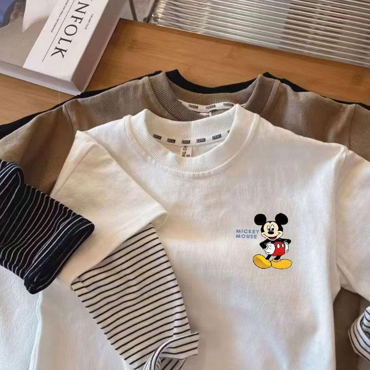 男童女童春秋季假两件新款卡通米奇潮流百搭外穿新款洋气宽松上衣