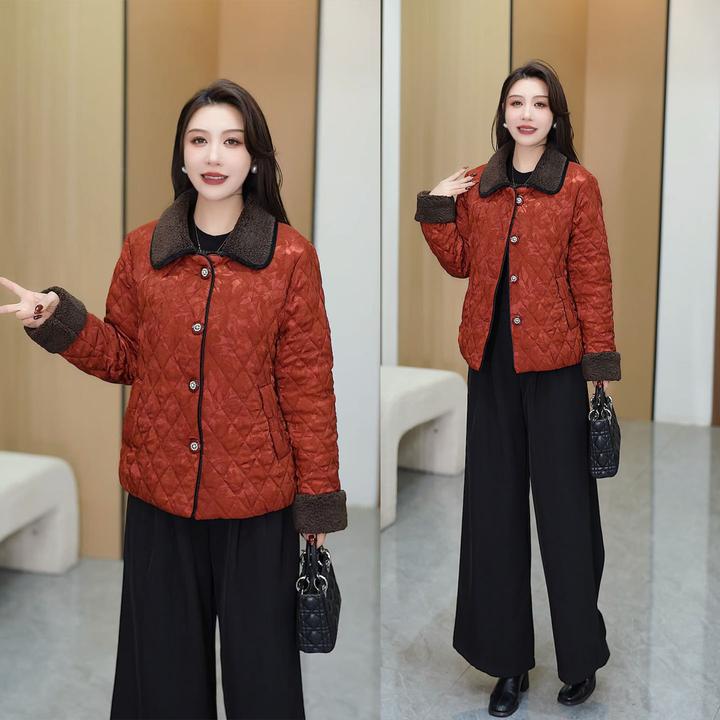时尚翻领菱格纹加绒棉服女2025冬季短款毛领拼接外套洋气显瘦棉袄
