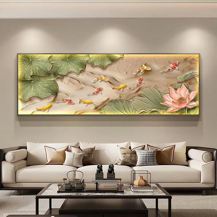 九鱼图客厅装饰画寓意好沙发背景墙挂画横版新中式荷花LED壁画灯