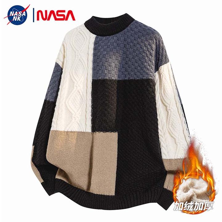 NK NASA联名加绒加厚男装毛衣秋冬季新款针织衫休闲保暖宽松衣服