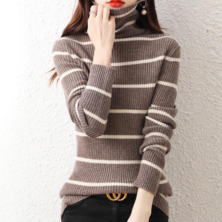 洋气新款修身显瘦条纹针织衫女秋冬高领长袖内搭打底堆堆领毛衣上