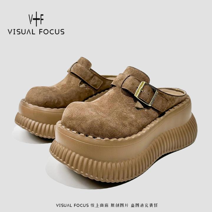 Visual focus 复古包头拖鞋女矮子乐松糕鞋时装大头勃肯半托鞋子