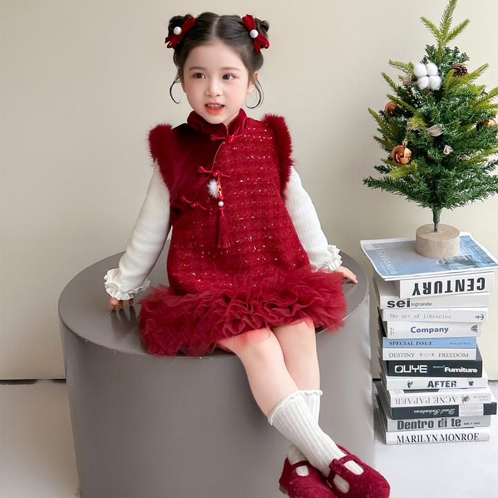 女童新中式加绒盘扣旗袍裙套装2025冬季新款小女孩洋气年服连衣裙