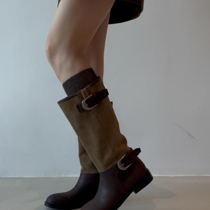 复古西部牛仔靴2025新款不过膝胖MM骑士靴皮带扣宽筒长靴