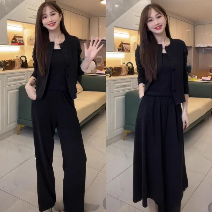 韩系新款气质秋季套装高级显瘦开衫网红老钱禅意衣服三件套女装