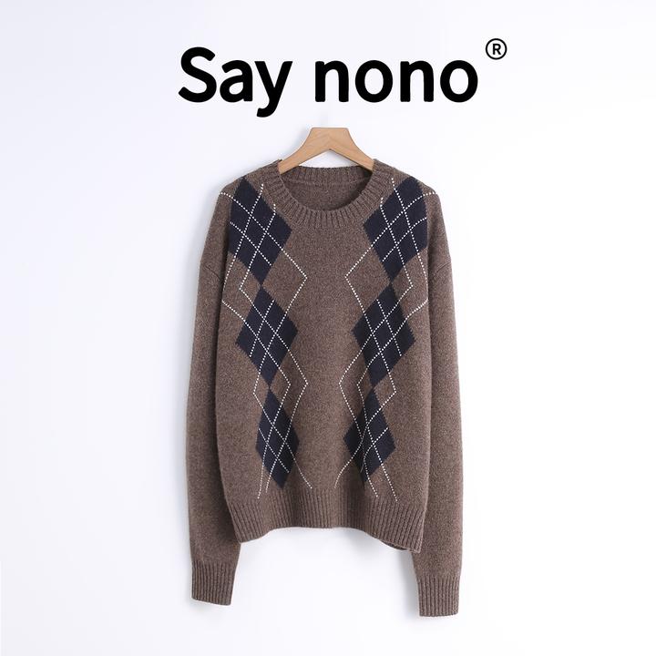 懒猫nono│Saynono 蓝山咖啡康赛妮100山羊绒菱格针织衫 /T24356