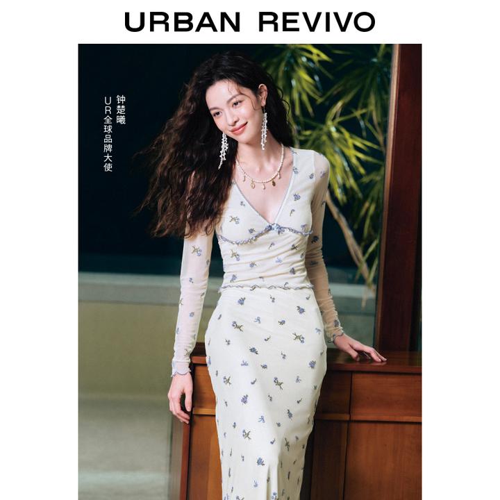 UR2025秋季新款女装蝴蝶结V领碎花木耳边长袖T恤UYL450054