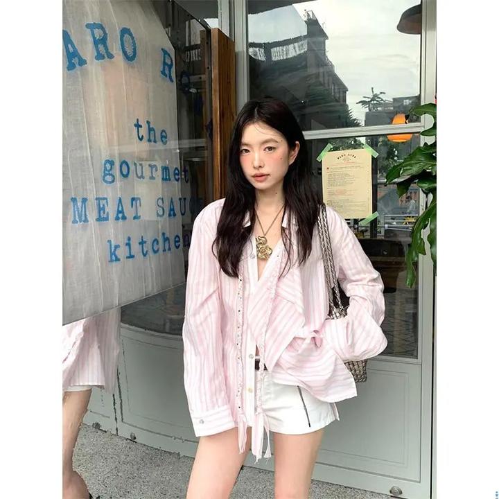 温婉大方衣服纯欲慵懒风女装粉色条纹防晒长袖衬衫上衣显瘦短裤
