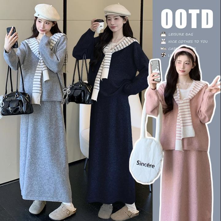 【孕妇装三件套】秋冬气质减龄慵懒韩系披肩+假两件毛衣+半身裙套装